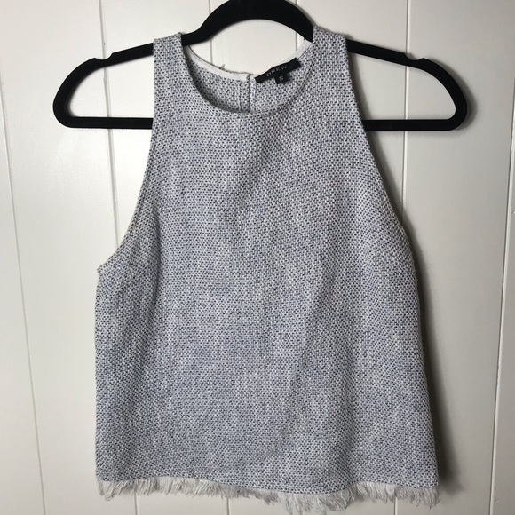DREW Woven Tank Top Crop Cropped Blouse Sleeveless Fringe Light Blue White S - Picture 1 of 7